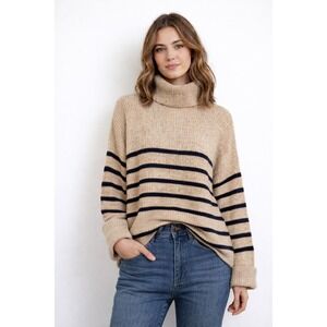 M&S Collection Striped Oversized Turtleneck Sweater M Mocha Navy Ribbed Knit‎